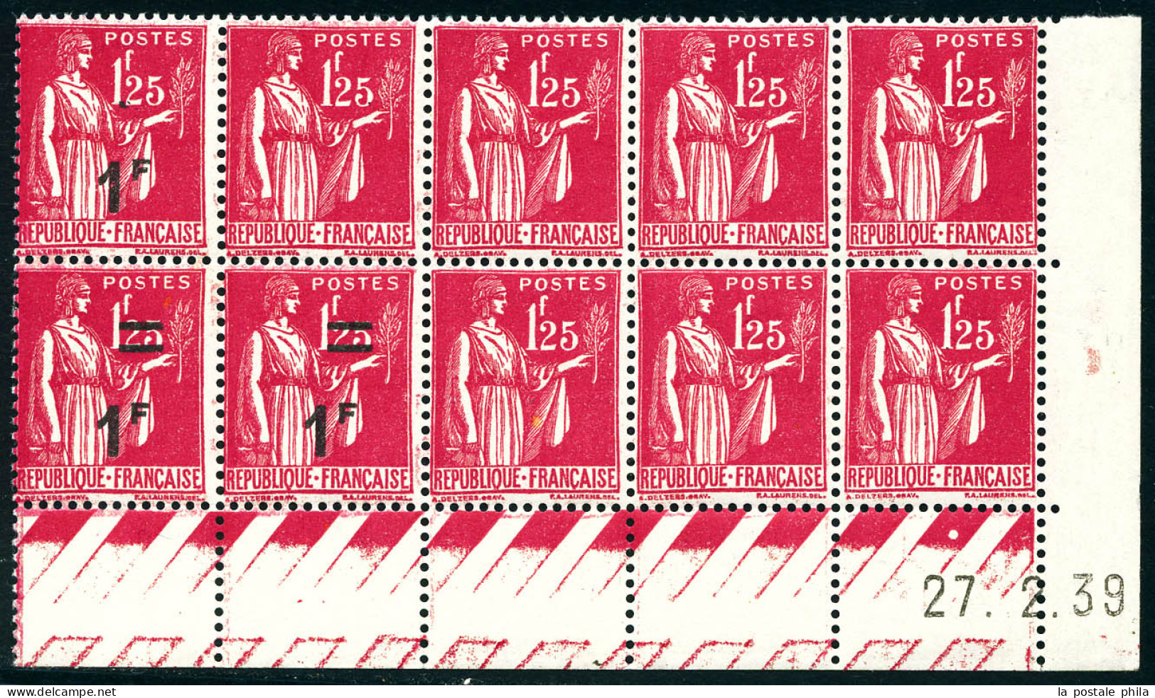 N°483, 1f Sur 1f25 Paix, 7 Exemplaires Sans Surcharges Tenant à Un Exemplaires Sans Les Barres Tenant à 2 Exemplaires No - Unused Stamps