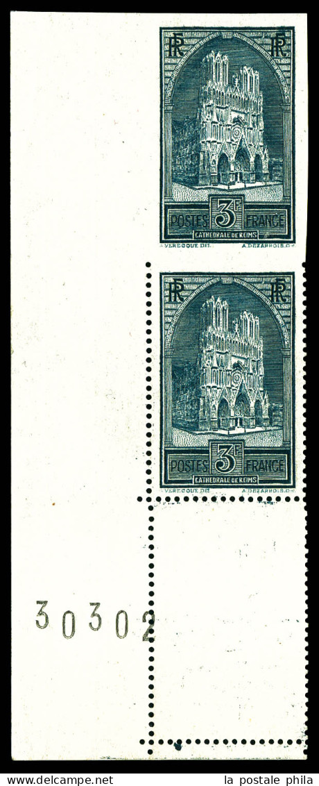 N°259, 3F Cathédrale De Reims, Non Dentelé Tenant à Dentelé Sur 3 Cotés En Paire Coin De Feuille Numéroté. GRANDE RARETE - Unused Stamps