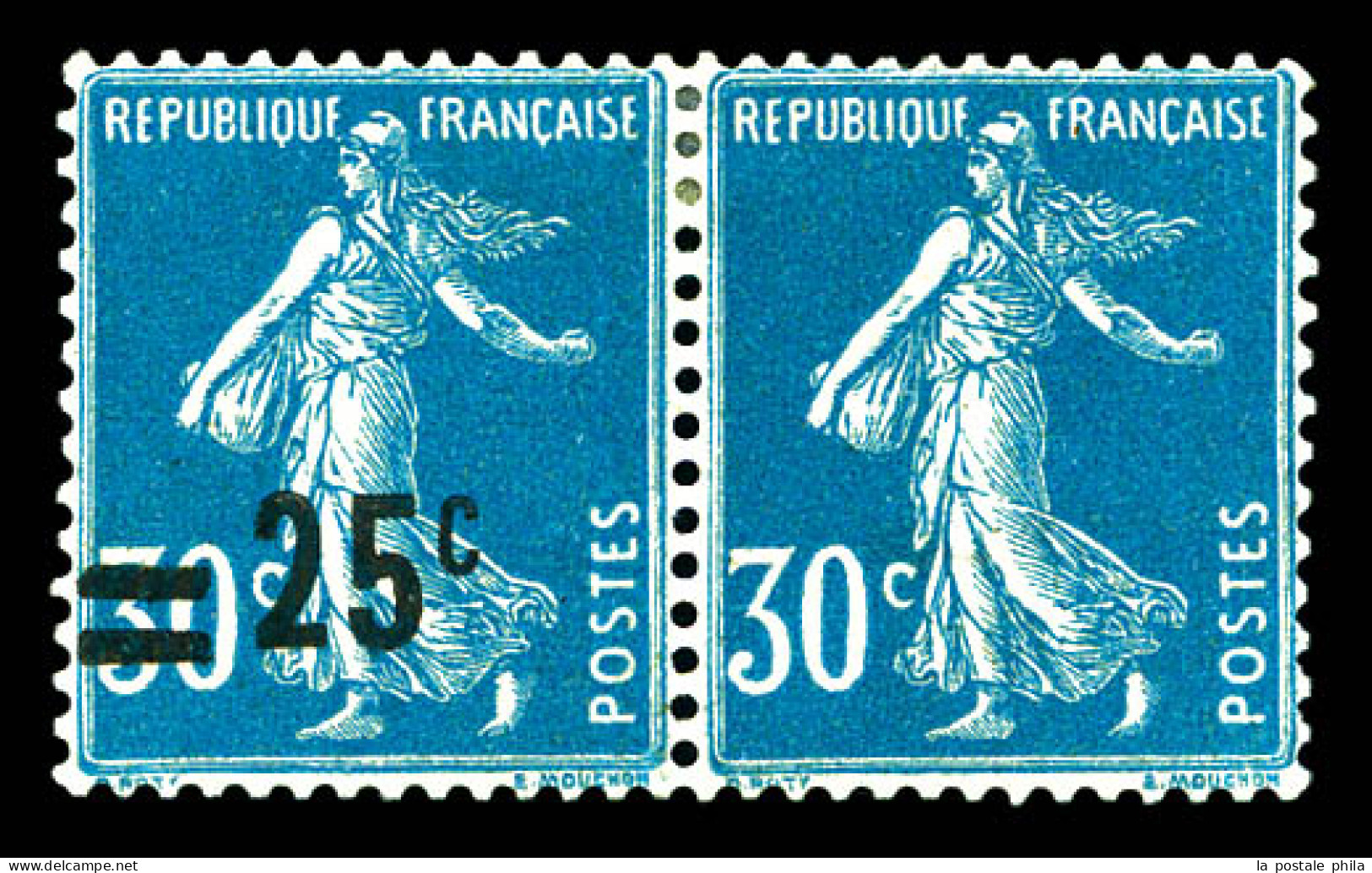 N°217f, 25c Sur 30c Bleu Tenant à Non Surchargé, Très Bon Centrage. SUP. R.R. (certificat)  Qualité: *  Cote: 1250 Euros - Unused Stamps