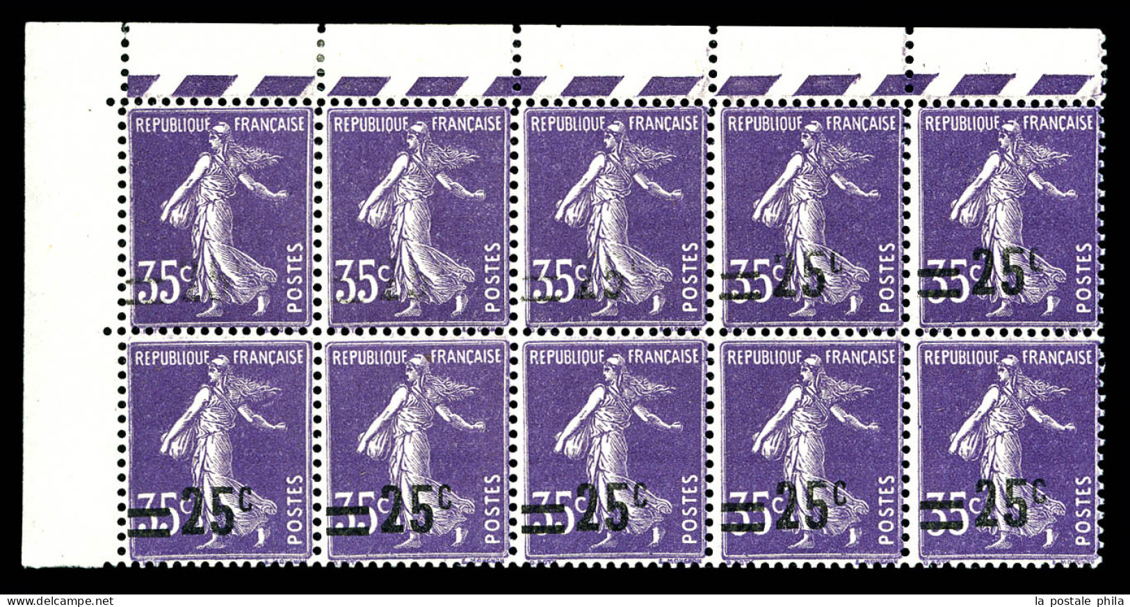 N°218c, 25c Sur 35c Semeuse, Surcharge Absente Sur 3 Exemplaires Tenant à Normaux En Bloc De 10 Exemplaires Cdf. SUPERBE - Unused Stamps