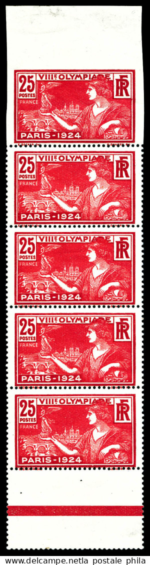 N°184c, 25c Jeux Olympiques De Paris 1924: Non Dentelé Tenant à Dentelés En Bande De 5 Exemplaires Bord De Feuille. SUPE - Usados