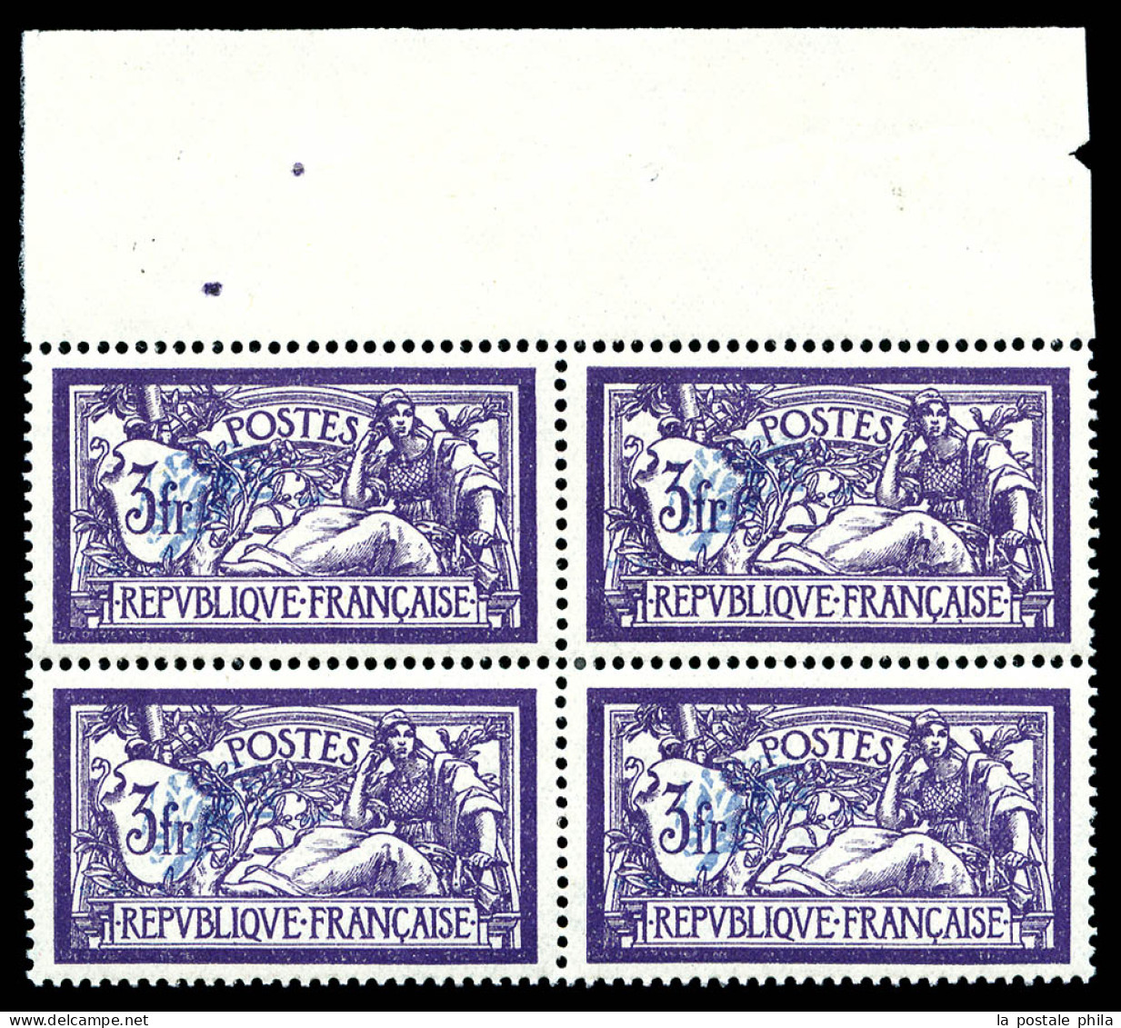 N°206c, Merson, 3F Violet Et Bleu Centre Déplacé En Bloc De Quatre (2ex*), Haut De Feuille, Très Bon Centrage, SUP (cert - Unused Stamps