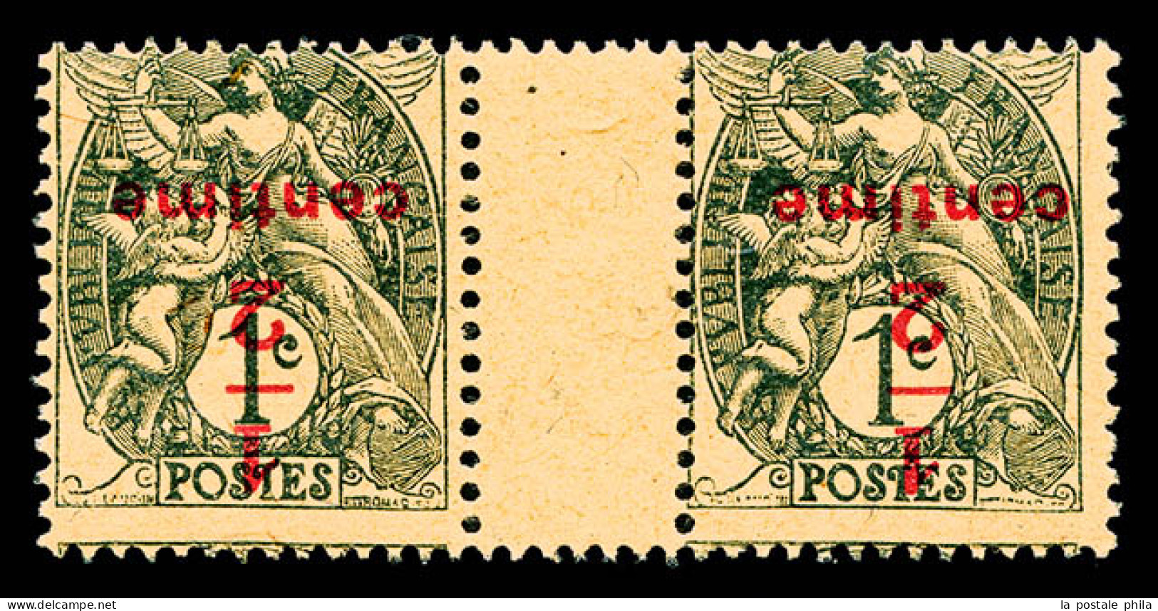 N°157c, Blanc, 1/2 Sur 1c Gris-noir Surcharge Renversée En Paire Avec Interpanneau, R.R.R Et SUPERBE (signé Scheller/cer - Unused Stamps