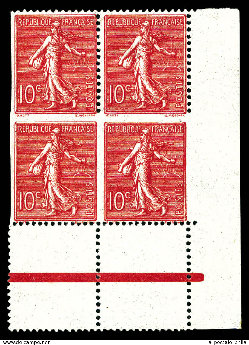 N°129, 10c Semeuse: Dentelure Partielle Sur Bloc De Quatre Coin De Feuille. SUPERBE (signé Scheller/certificat)  Qualité - Unused Stamps