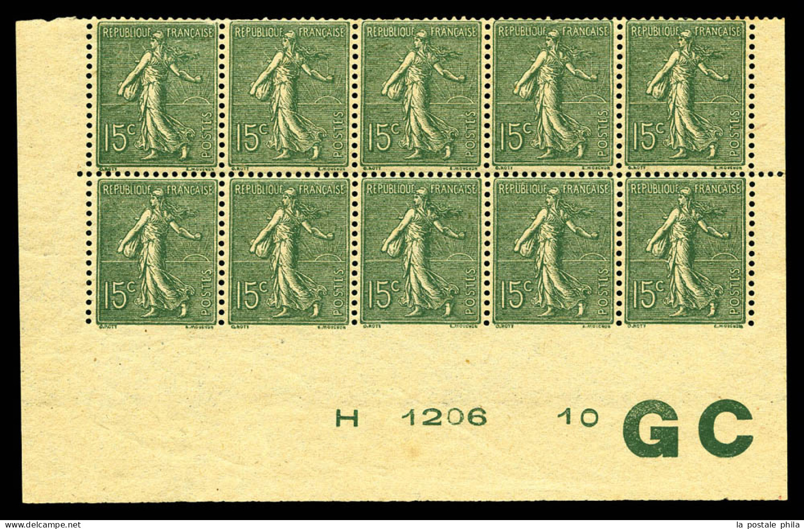 N°130, 15c Semeuse, Bloc De 10 Exemplaires(**/*) Non Dentelé En Partie Inférieure, Bas De Feuille Numéroté Avec Manchett - Unused Stamps