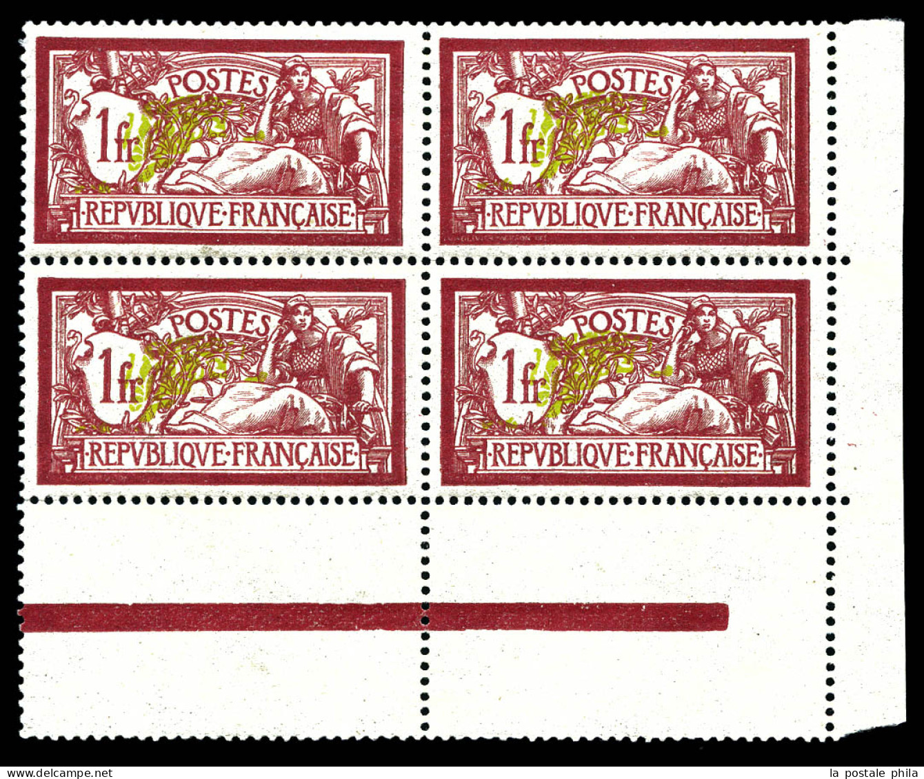 N°121b, 1F Merson, Centre Très Deplacé En Bloc De Quatre Coin De Feuille, SUP (certificat)  Qualité: **  Cote: 1600 Euro - Unused Stamps