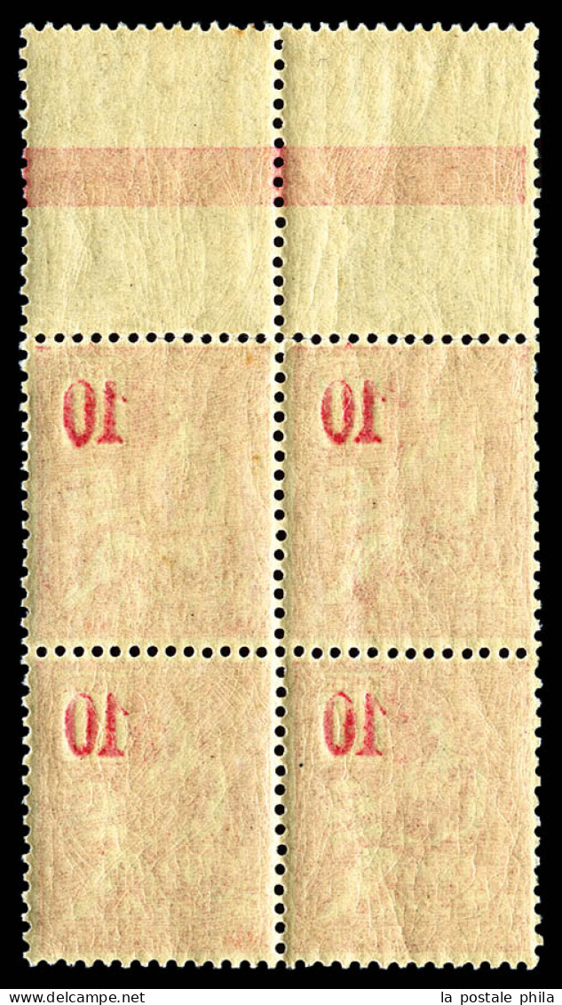 N°112, Mouchon, 10c Rouge Type II: IMPRESSION RECTO-VERSO Des Chiffres, En Bloc De Quatre Haut De Feuille, SUP (certific - Neufs