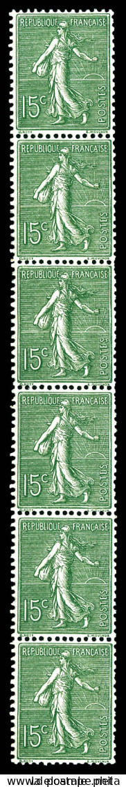 N°3, 15c Semeuse Lignée Vert-gris, Bande De 6 Exemplaires. SUPERBE. R.R. (certificat)  Qualité: **  Cote: 1650 Euros - Coil Stamps