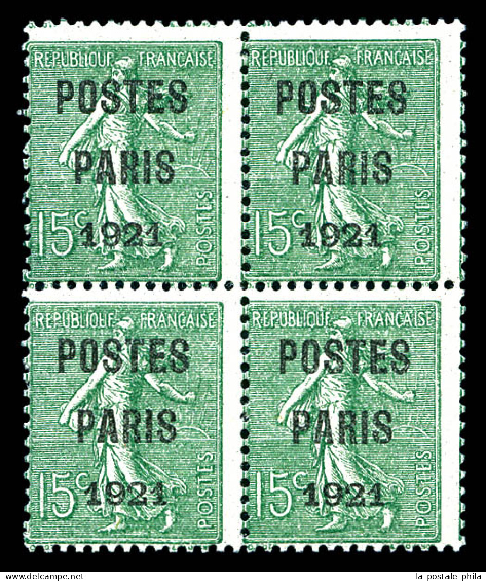N°28, 15c Vert-olive Surchargé 'POSTE PARIS 1921' En Bloc De Quatre, SUPERBE. R.R. (certificat)  Qualité: **  Cote: 7000 - 1893-1947