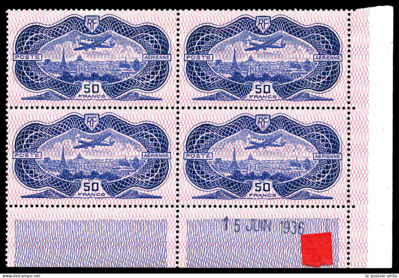 N°15, 50F Burelé En Bloc De Quatre Coin De Feuille Daté Du 15 Juin 1936, SUPERBE (signé Calves/certificat)  Qualité: **  - Aéreo