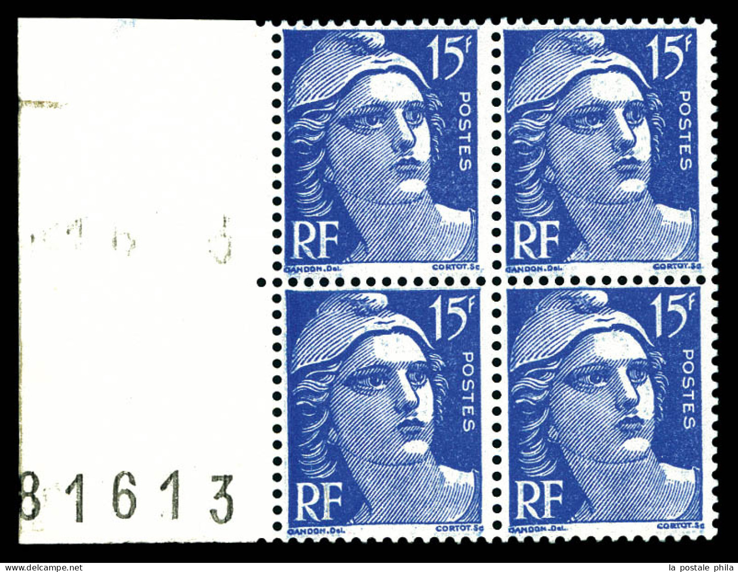 N°886d, 15f Gandon Type III En Bloc De Quatre Avec Bord De Feuille Numéroté à Gauche 81613 Provenant De Feuille Pour Rou - 1950-1959