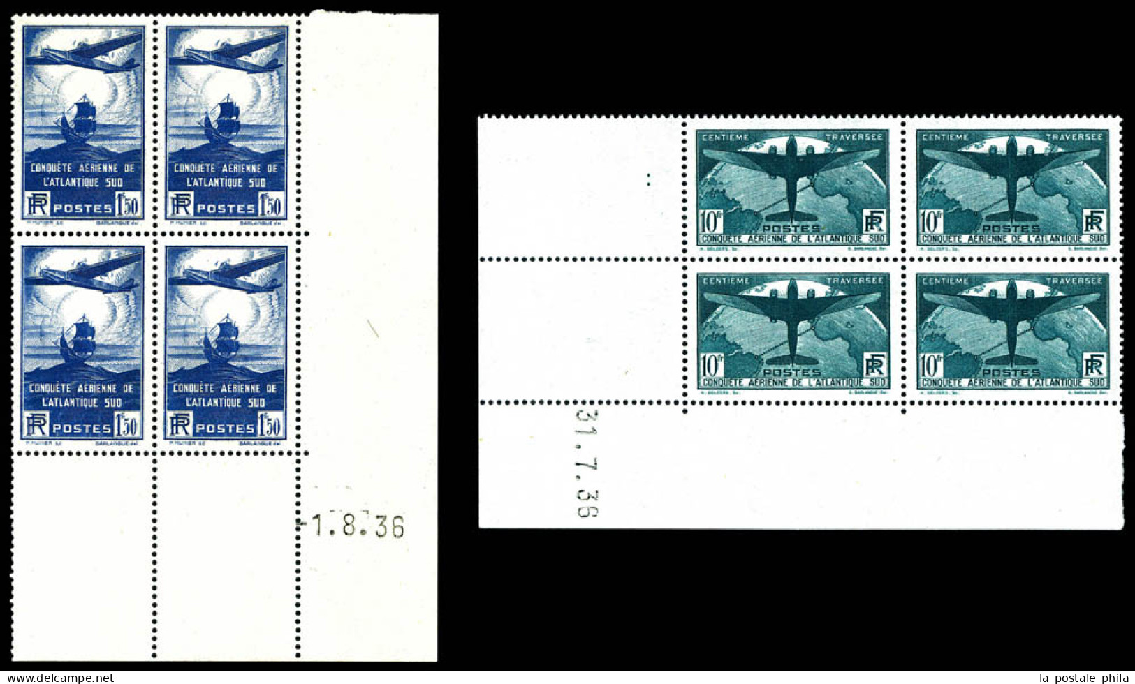 N°320/321, Paire Traversée De L'Atlantique Sud, 1f 50 Bleu, 10F Vert Foncé En Bloc De Quatre Coin De Feuille Daté Du 31. - 1930-1939