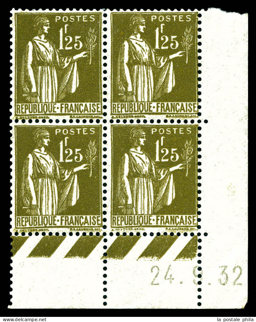 N°287, Paix, 1F 25 Olive En Bloc De Quatre Coin De Feuille Daté Du 24/9/1932, Jolie Pièce, TB (certificat)  Qualité: **  - 1930-1939
