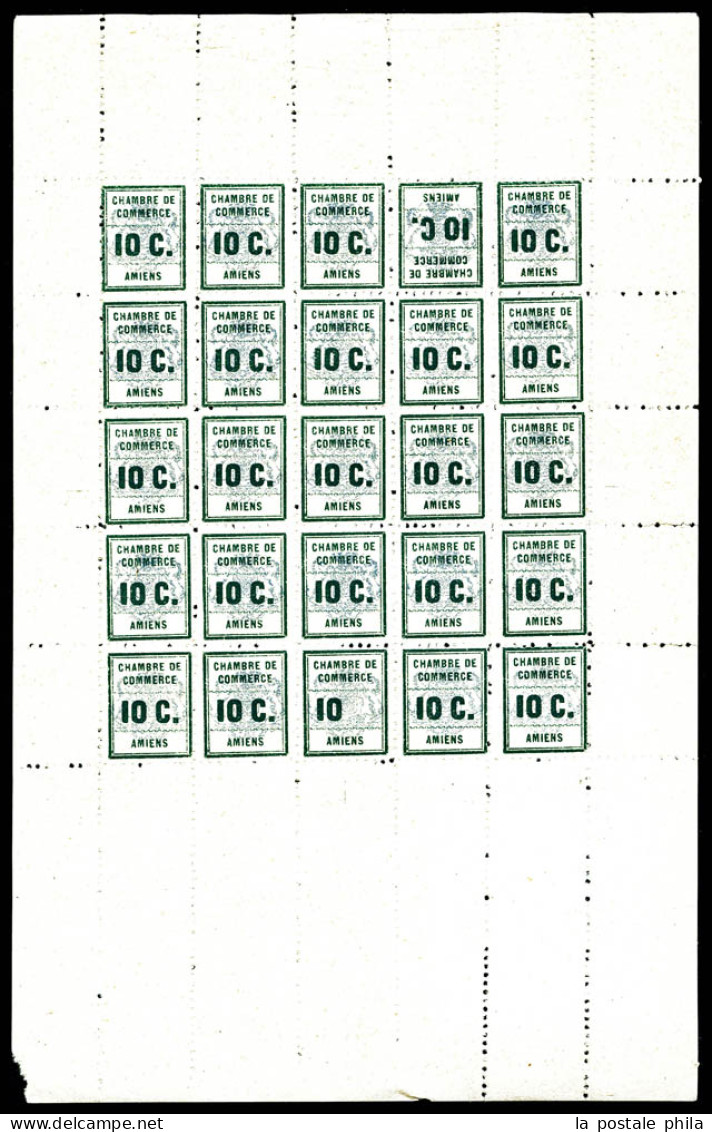 N°1, Amiens, Feuillet Complet De 25 Exemplaires Dont 10 SANS LE C (N°1a) Et TÊTE BÊCHE (N°1b), SUP (certificat)  Qualité - Francobolli Di Guerra