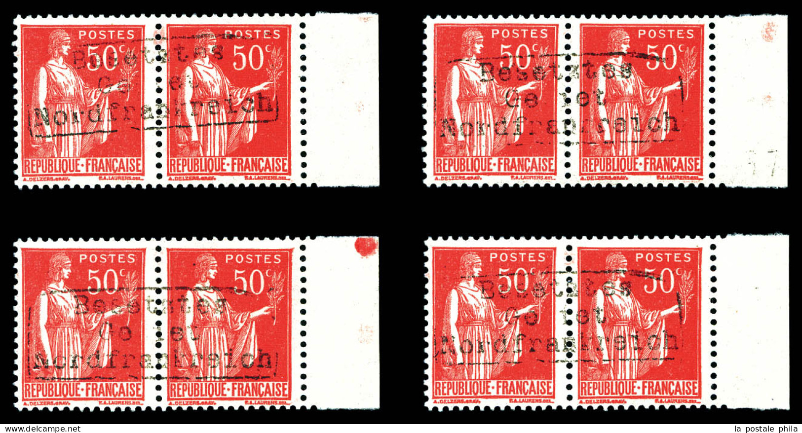 N°3, 50c Rose-rouge Surchargées Dunkerque, 4 Paires Bdf (froissures De Gomme), TB  Qualité: **  Cote: 600 Euros - War Stamps