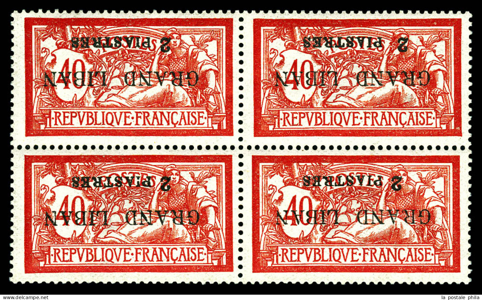 N°10a/ca, 2 Pi Sur 40c Rouge Et Bleu: Surcharge Renversée En Bloc De 4 Dont 1 Exemplaire Avec '2' Espacé. TTB (certifica - Unused Stamps