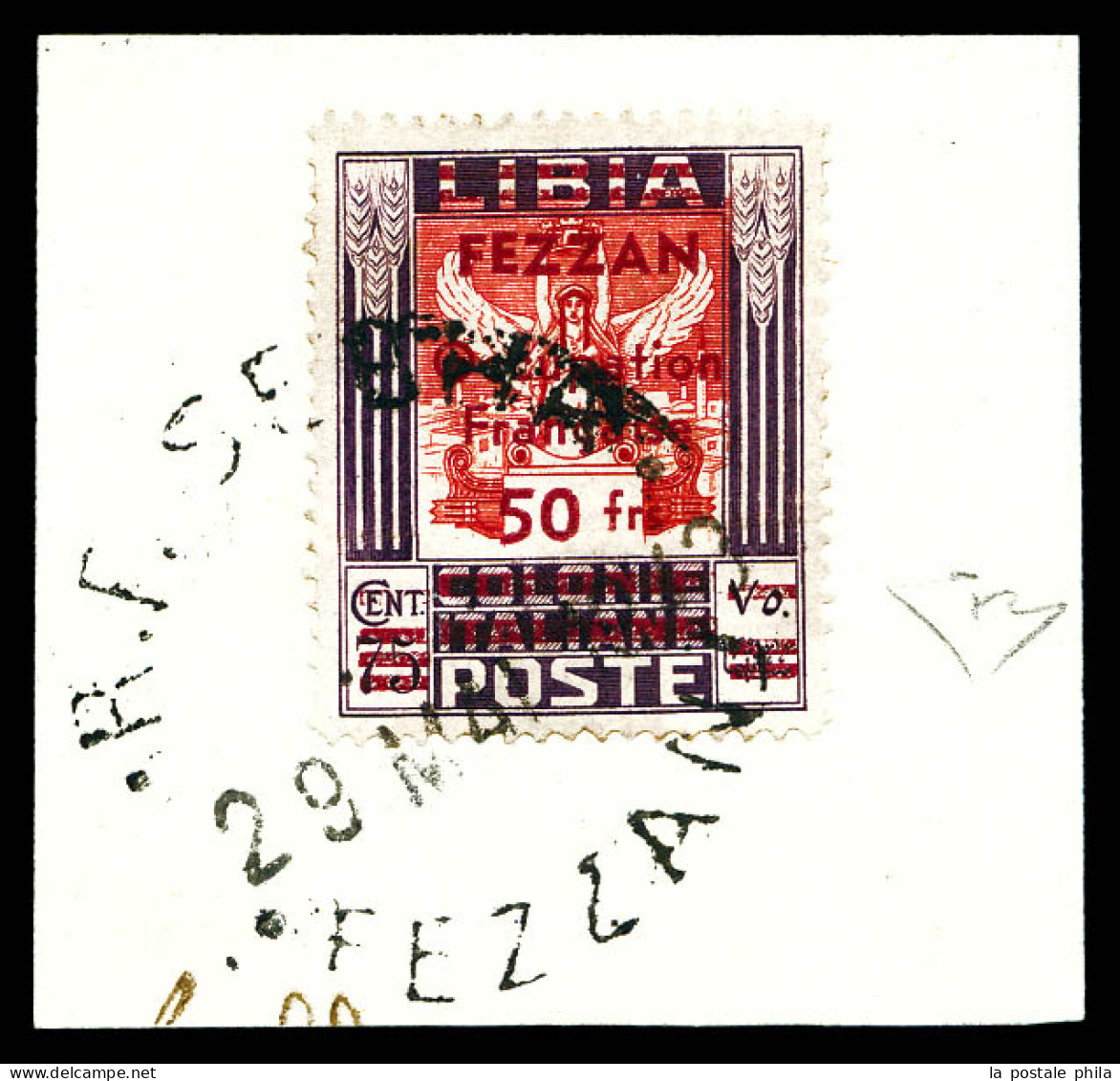 N°10, 50f Sur 75c Violet Et Rouge Obl R.F. SEBHA 29 MAI 1943 FEZZAN Sur Son Support, Tirage 79 Exemplaires. SUPERBE. R.R - Used Stamps