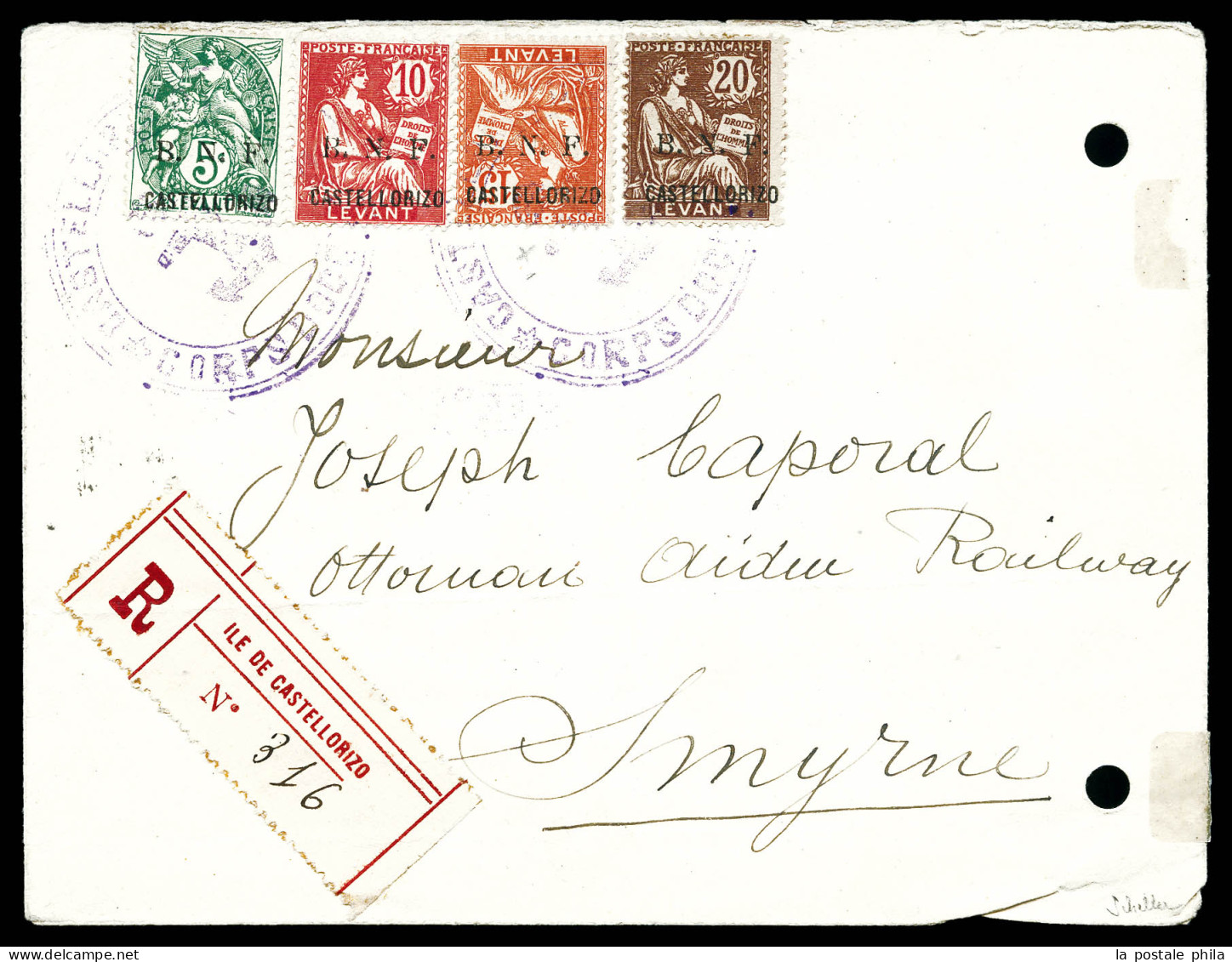 1920, N°4, 5, 6d Et 7: 5c Vert, 10c Rose, 15c Vermillon (surcharge Renversée) Et 20c Brun Obl CASTELLORIZO/CORP D'OCCUPA - Storia Postale