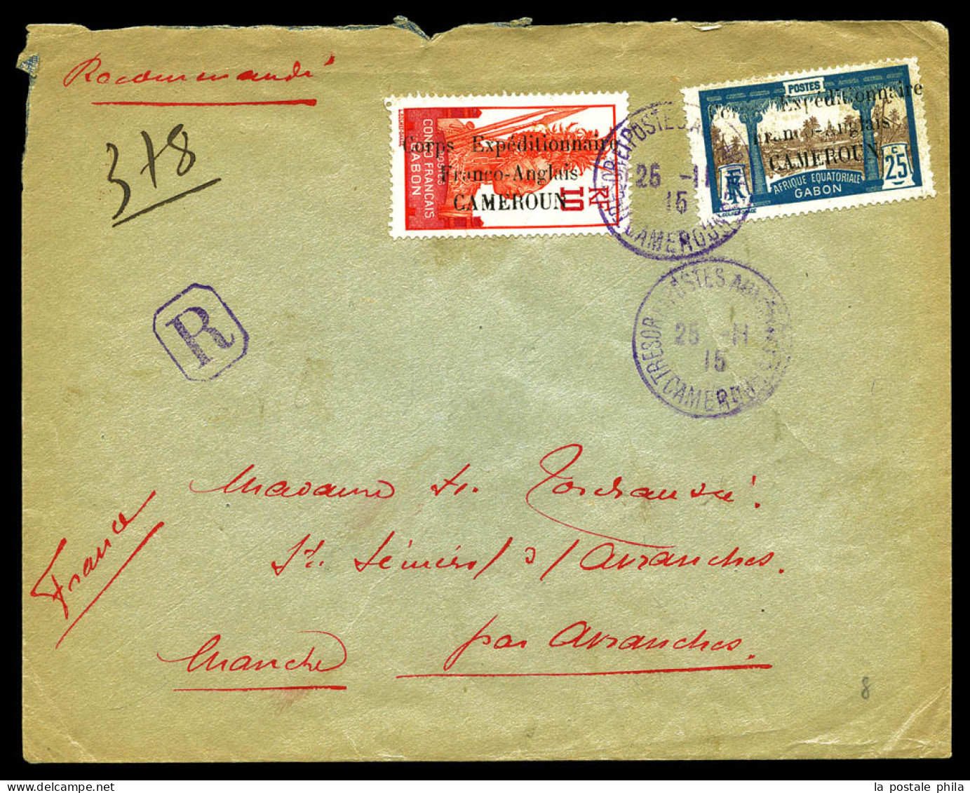 N°42 + 44, 10c Rouge Et Carmin, 25c Bleu Et Brun Surchargés 'Corps Expeditionnaire Franco-Anglais CAMEROUN' Obl Càd Viol - Covers & Documents