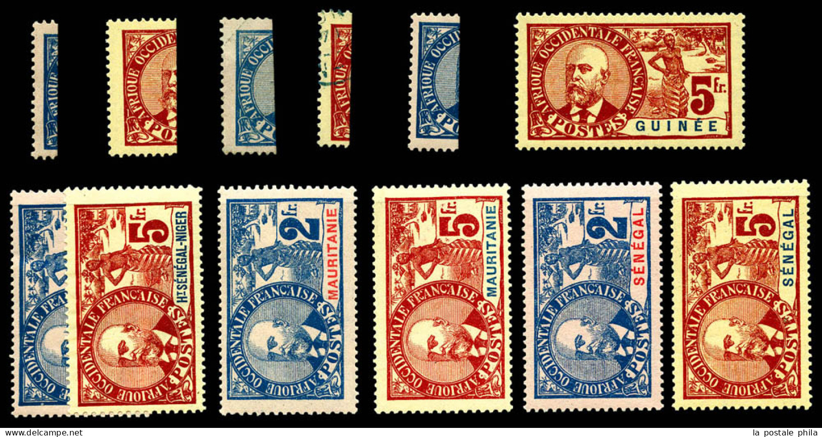 FAIDERBE: 2f Bleu Sur Rose Et 5f Rouge Sur Paille: Les 2 Valeurs Des 6 Colonies (Dahomey Obl), Les 12 Timbres TTB (certi - 1906-08 Palmiers – Faidherbe – Ballay