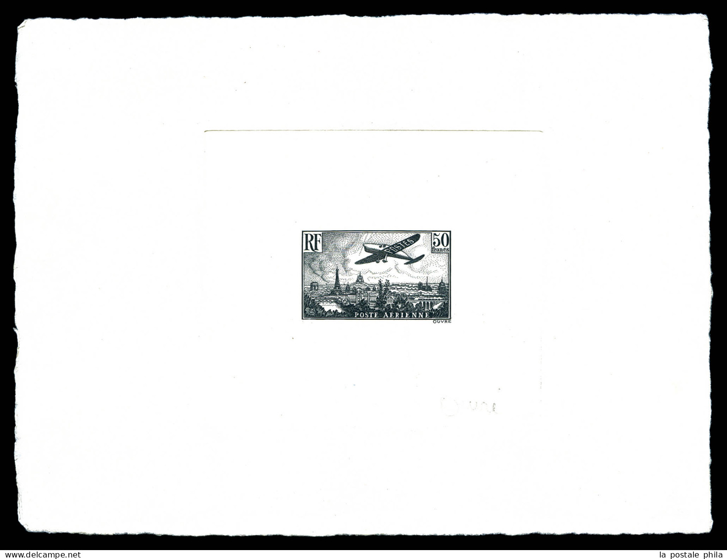 N°14, 50f Avion Survolant Paris, épreuve D'artiste Grand Format En Noir Signée Du Graveur Ouvré, RARE Et SUPERBE (certif - Artist Proofs