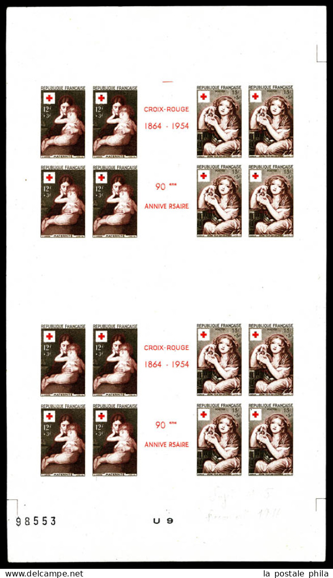 N°1006/1007, Croix Rouge De 1957: Feuillet Numéroté Comprenant 2 Paires En Blocs De 4 Pour Carnet: Essai De Couleur Mult - Color Proofs 1945-…