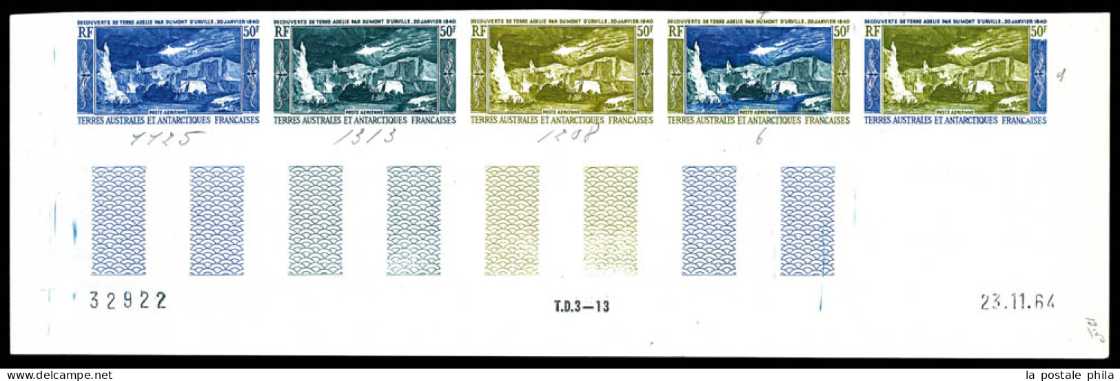 N°8, 50f Découverte De La Terre Adélie: Essais De Couleurs En Bande De 5 Exemplaires Dont 2 Multicolores, Bas De Feuille - Airmail