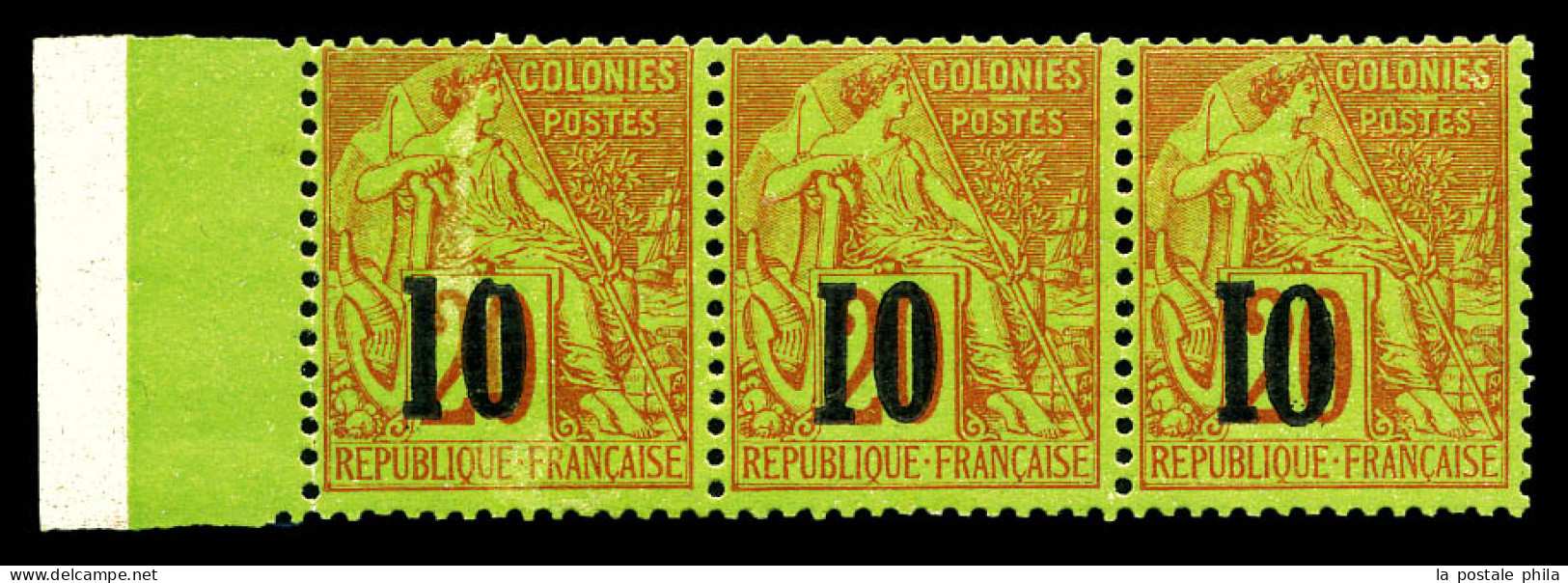N°4, 10 Sur 20c Brique Sur Vert: Types III, VIII Et IX Se Tenant (n°4C, 4G Et 4H) En Bande De Trois, Bord De Feuille (po - Unused Stamps
