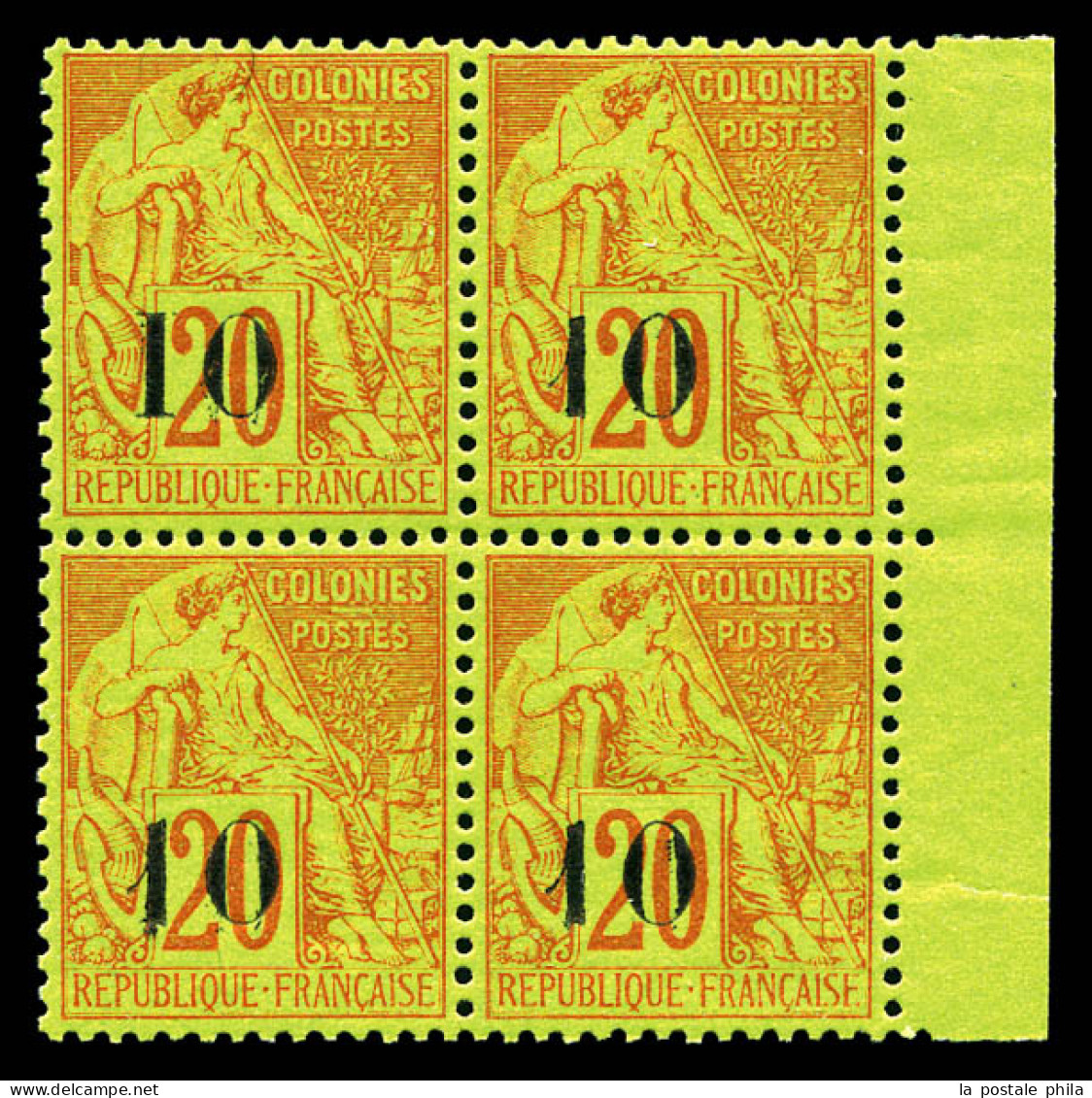 N°4J, 10 Sur 20c Brique Sur Vert: Types X Avec Variété CHIFFRES ESPACES (position 119) Tenant à 3 Exemplaires TYPE VI (n - Unused Stamps