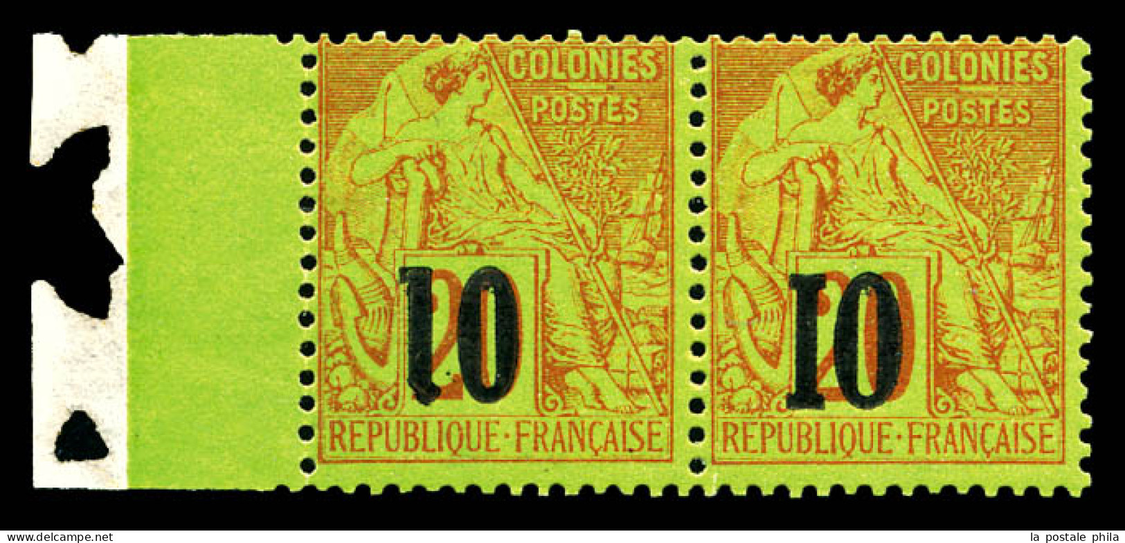 N°4, 10 Sur 20c Brique Sur Vert: TYPE III Avec VARIETE '1' TRONQUE (case 111) Et IX Se Tenant (n°4B Et 4H), Bord De Feui - Unused Stamps