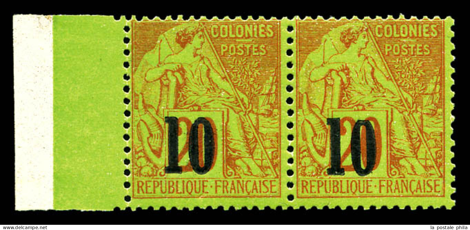N°4B, 10 Sur 20c Brique Sur Vert Type III VARIETE '0' CASSE (position 122) Tenant à Normal En Paire Bord De Feuille. SUP - Unused Stamps