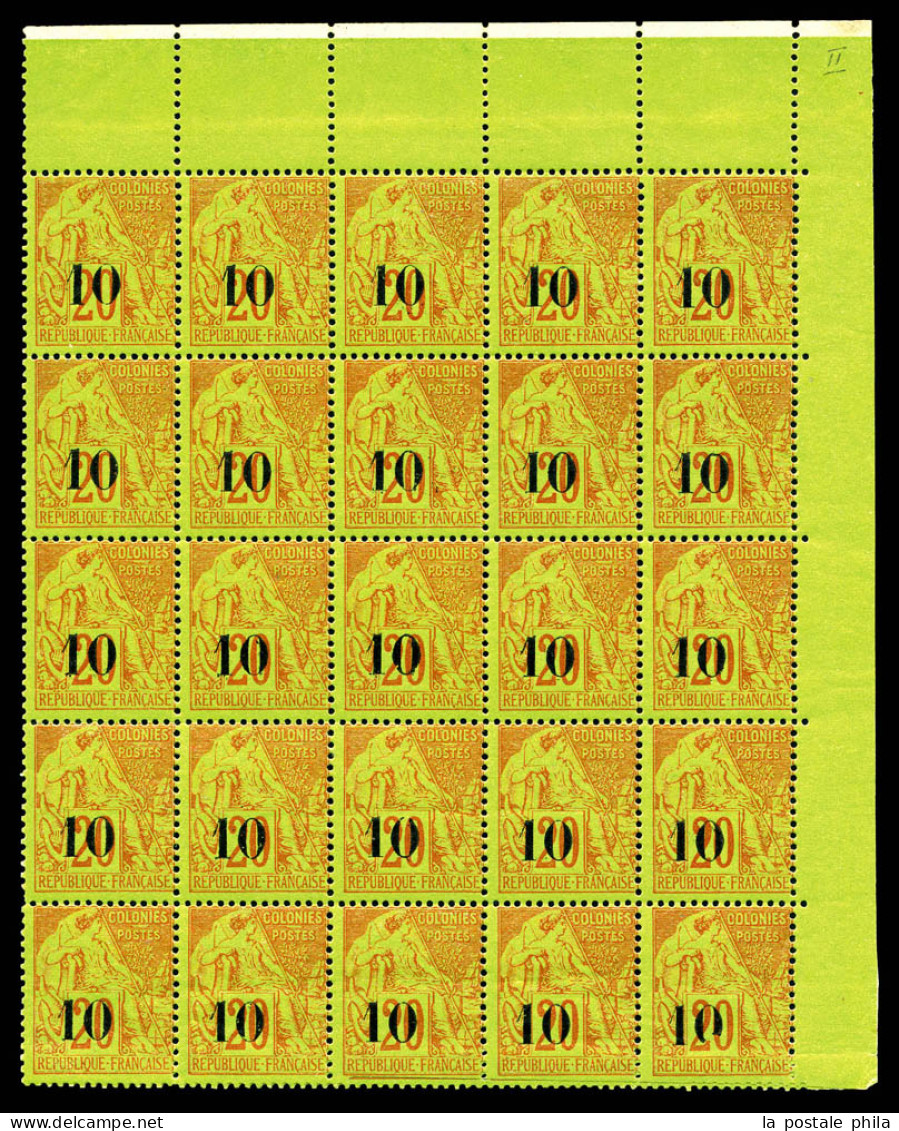 N°4/4a, 10 Sur 20c Brique Sur Vert TYPE I Dont VARIETE Chiffre '0' Brisé à La Case 50 En Panneau De 25 Coin De Feuille A - Unused Stamps