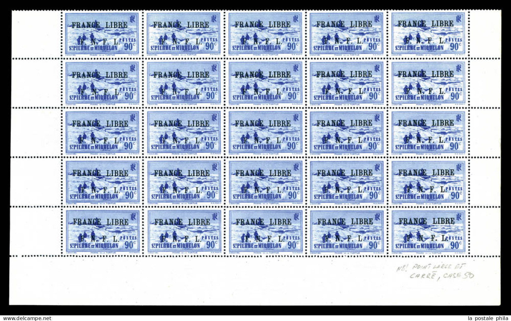 N°262, 90c Outremer Surchargé 'FRANCE LIBRE': Panneau De 25 Exemplaires. SUP (certificat)  Qualité: **  Cote: 1250 Euros - Unused Stamps