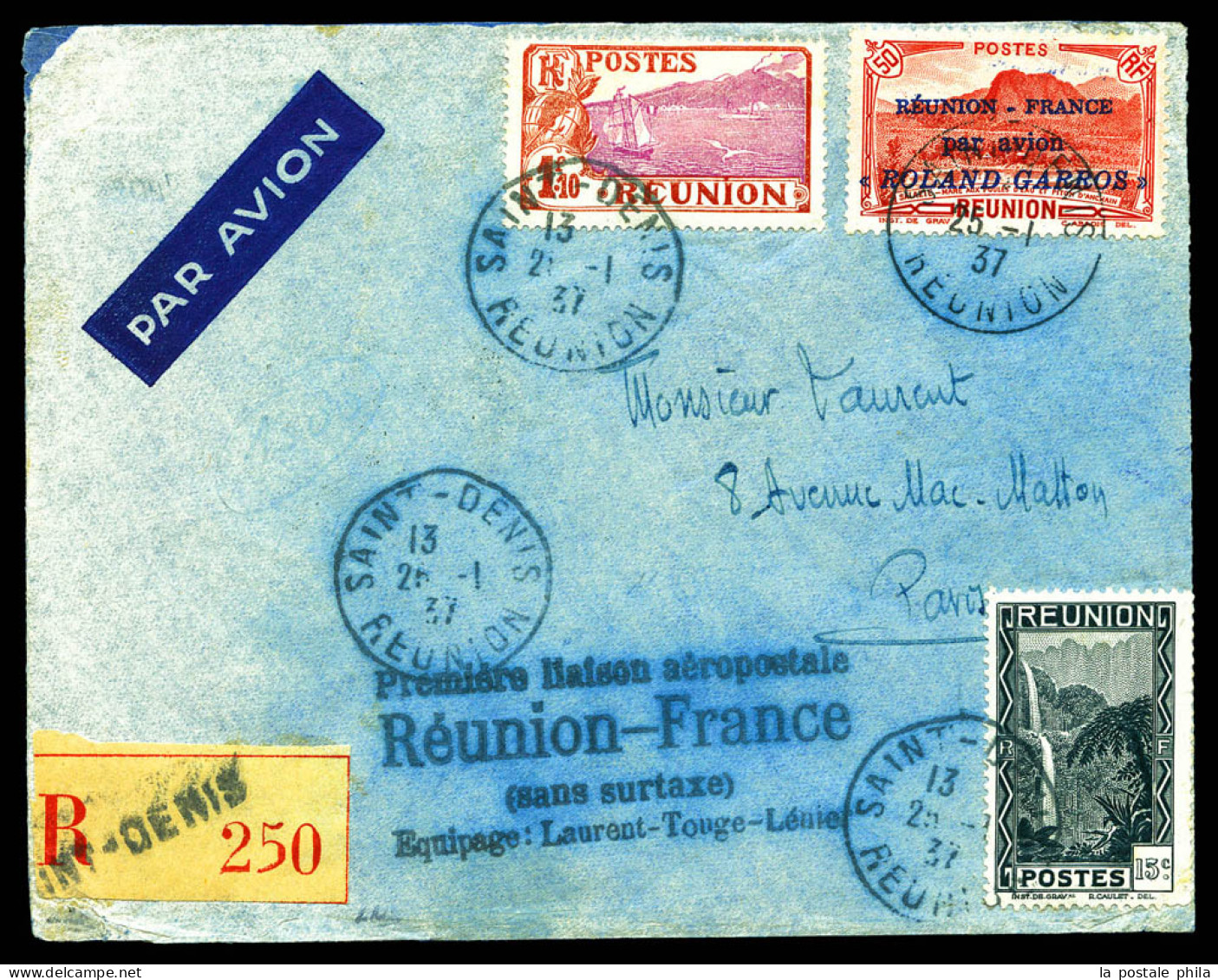 N°1, 50c Rouge Surchargé 'Rolland Garros' (+N116 Et 130) + Griffe '1ère Liaison Aèropostale' Sur Lettre Recommandée De S - Airmail