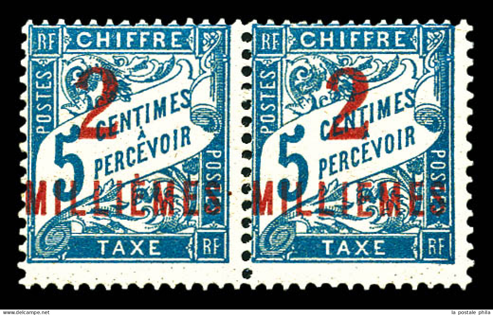 Taxe N°5g, 2 M Sur 5c Bleu: Sans Accent Grave Sur Le 1er 'E' De MILLIEMES Tenant à Normal. SUP (certificat)  Qualité: ** - Unused Stamps