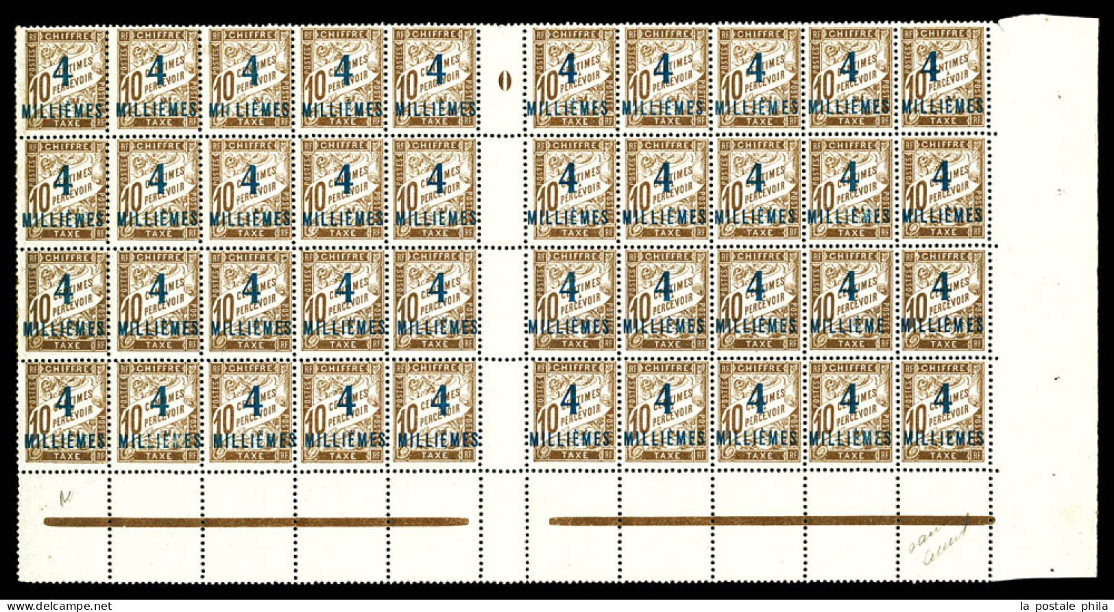 Taxe N°6/b/d/f/h, 4m Sur 10c Brun: Panneau Complet De 50 Exemplaires Bas De Feuille Millésime '0' Dont Variétés Sans Acc - Neufs