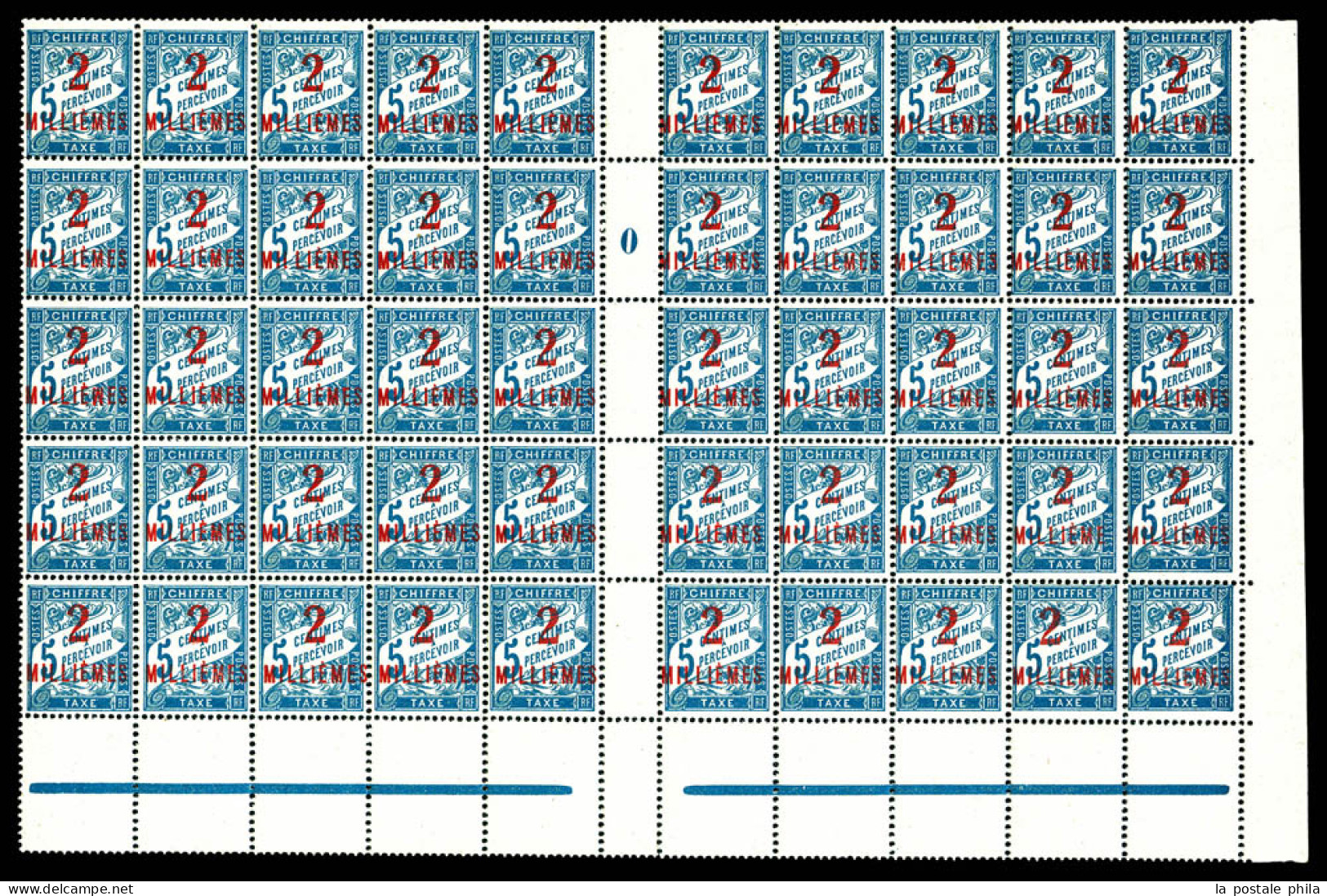 N°5c/e/g/j, 2m Sur 5c Bleu: Panneau Complet De 50 Exemplaires Bas De Feuille Millésime '0' Dont Variétés Sans Accent Gra - Unused Stamps