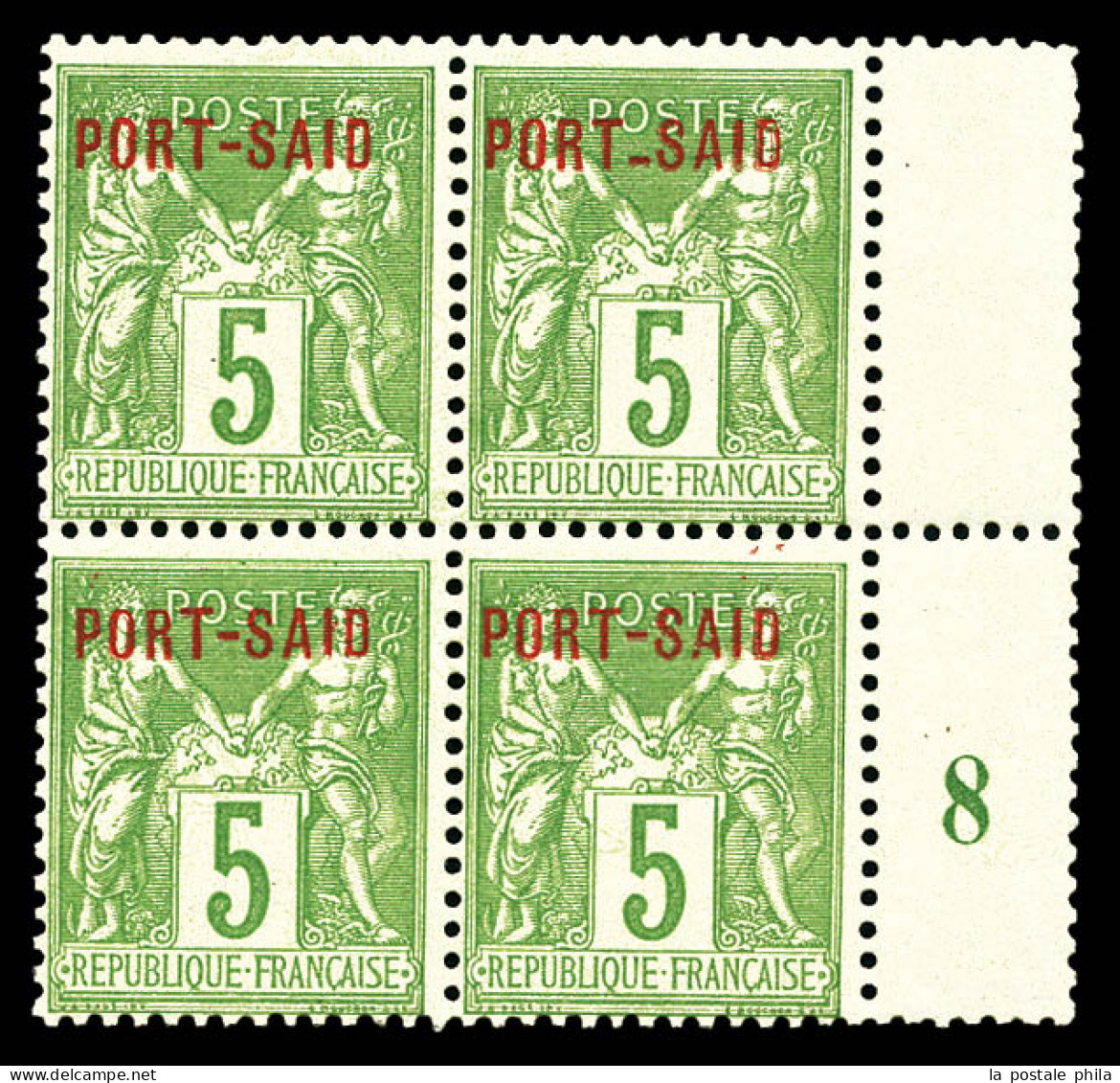 N°5Aa, 5c Vert-jaune: Variété Entre Port Et Said Descendu (case 5) Tenant à Normaux En Bloc De Quatre Bdf Millésime '3'. - Unused Stamps