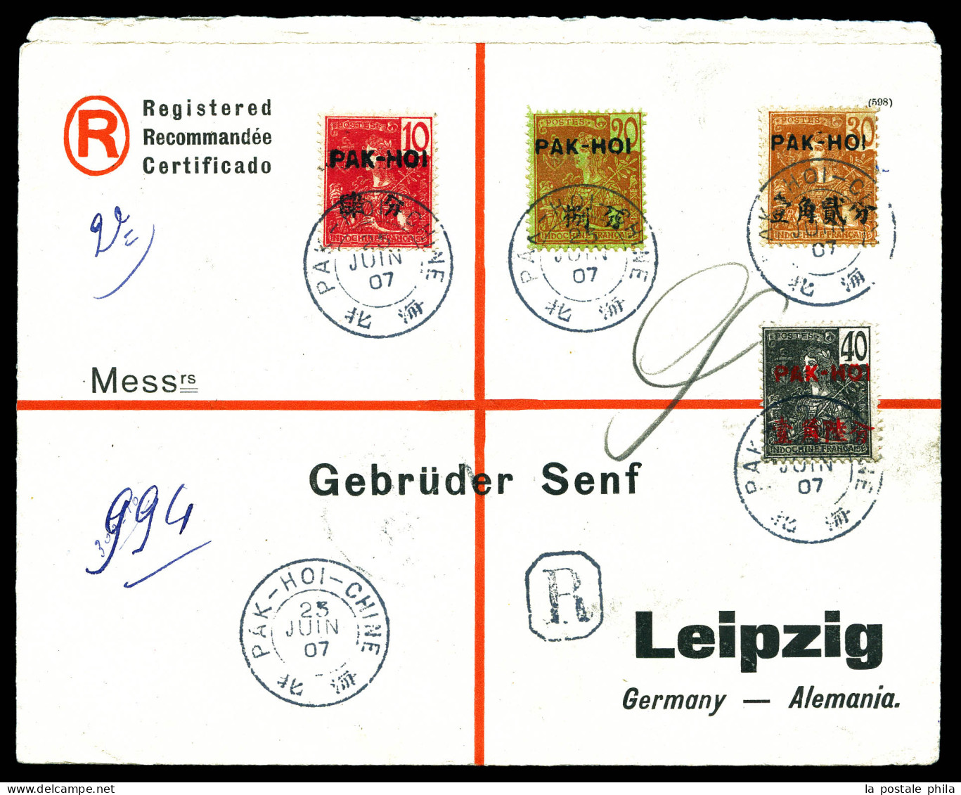 N°21, 23, 25 Et 27 Sur Lettre Recommandée De PAK-HOI Le 25 Juin 1907 Pour LEIPZIG, Au Verso Cachet De Passage Et D'arriv - Covers & Documents