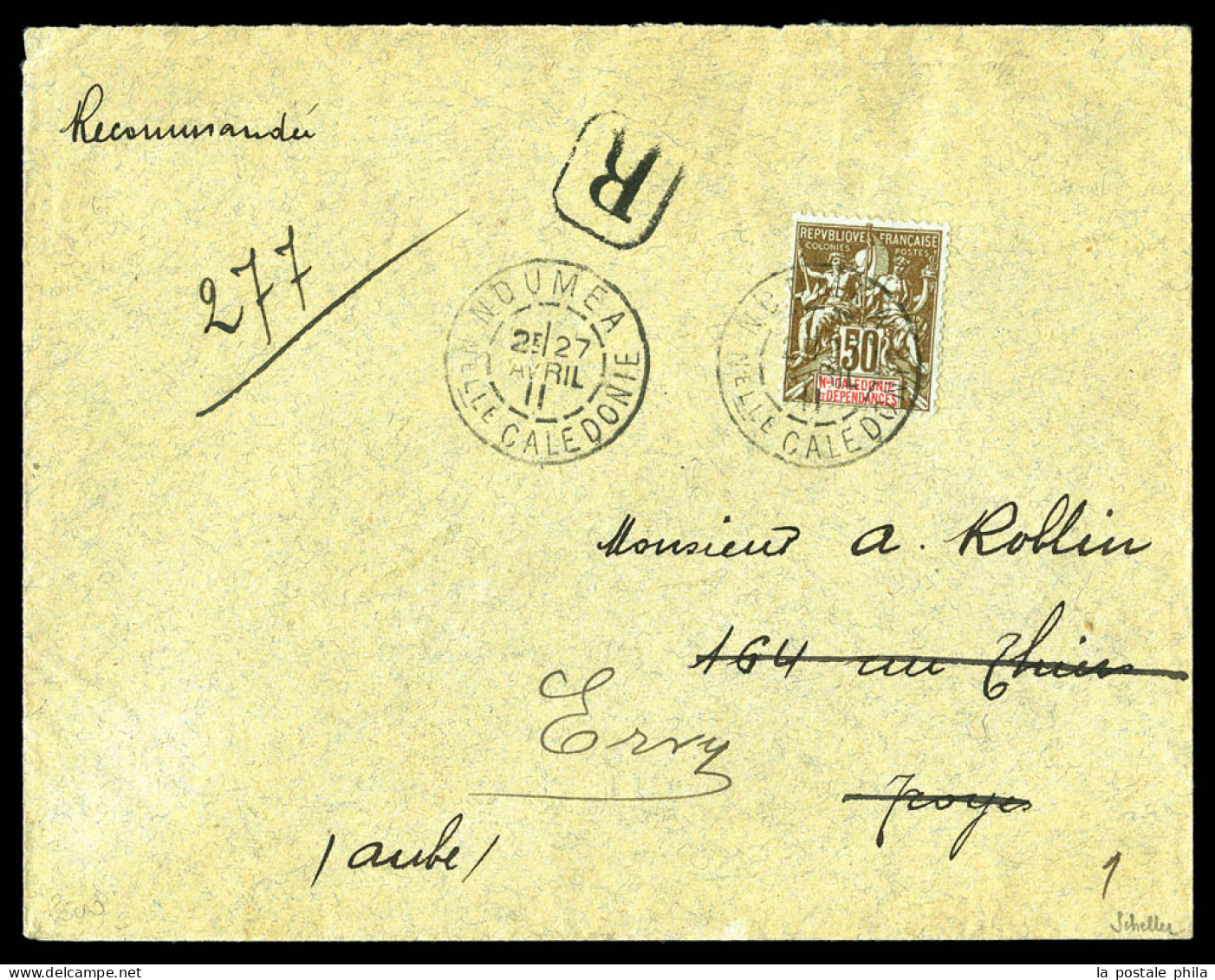 N°63, 50c Bistre Et Rouge Obl Càd Du 27 Avril 1911 Seul Sur Lettre Recommandée De NOUMEA Pour Evry. TTB. R. (signé Schel - Cartas & Documentos