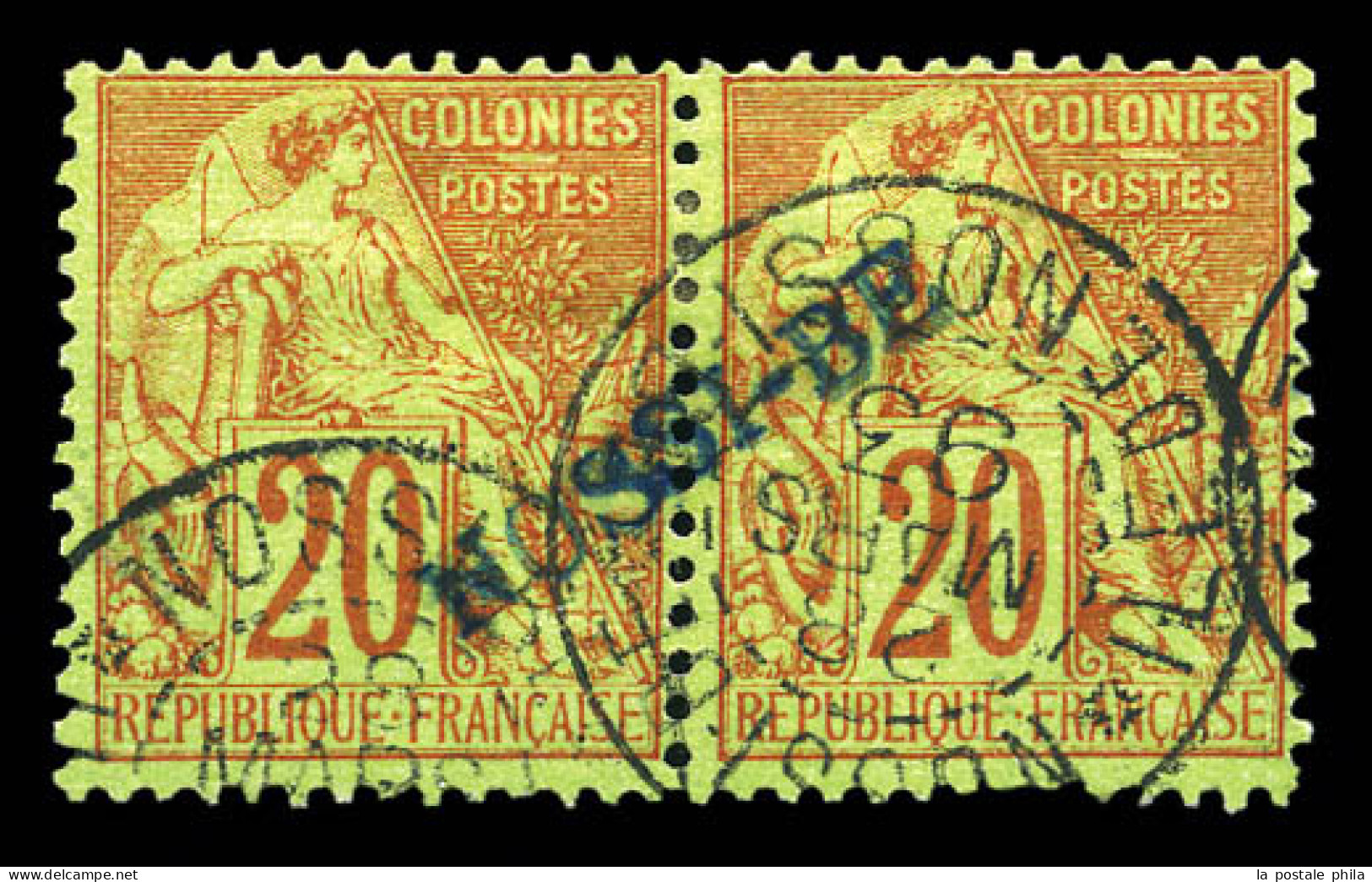 N°26c, 20c Brique Sur Vert: Surcharge à Cheval Sur Paire. SUP. R. (certificat)  Qualité: Oblitéré  Cote: 650 Euros - Used Stamps