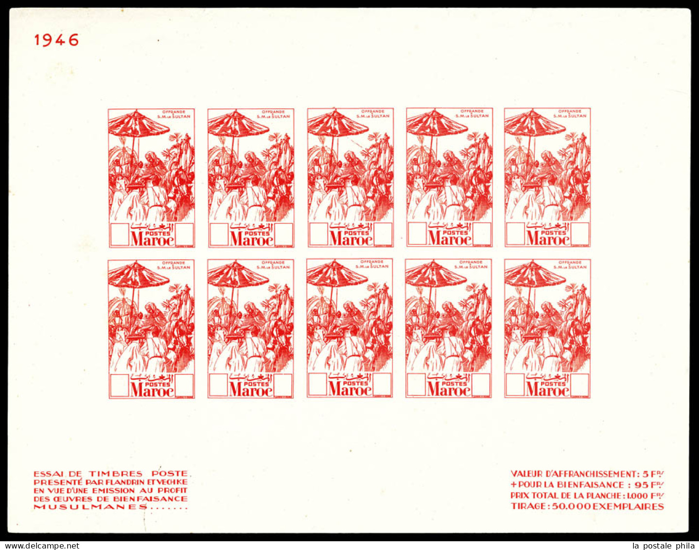 Non Emis, 'Offrande à S.M Le Sultan: épreuve Collective Sur Grand Feuillet Présentant 10 Exemplaires En Rouge Sans Valeu - Unused Stamps