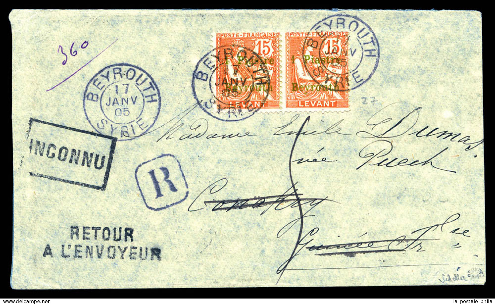 N°27, 1 Pi Sur 15c Vermillon En Paire OBL CAD « Beyrouth Syrie » (1905) Sur Lettre Recommandée Pour Conakry Avec Griffes - Brieven En Documenten