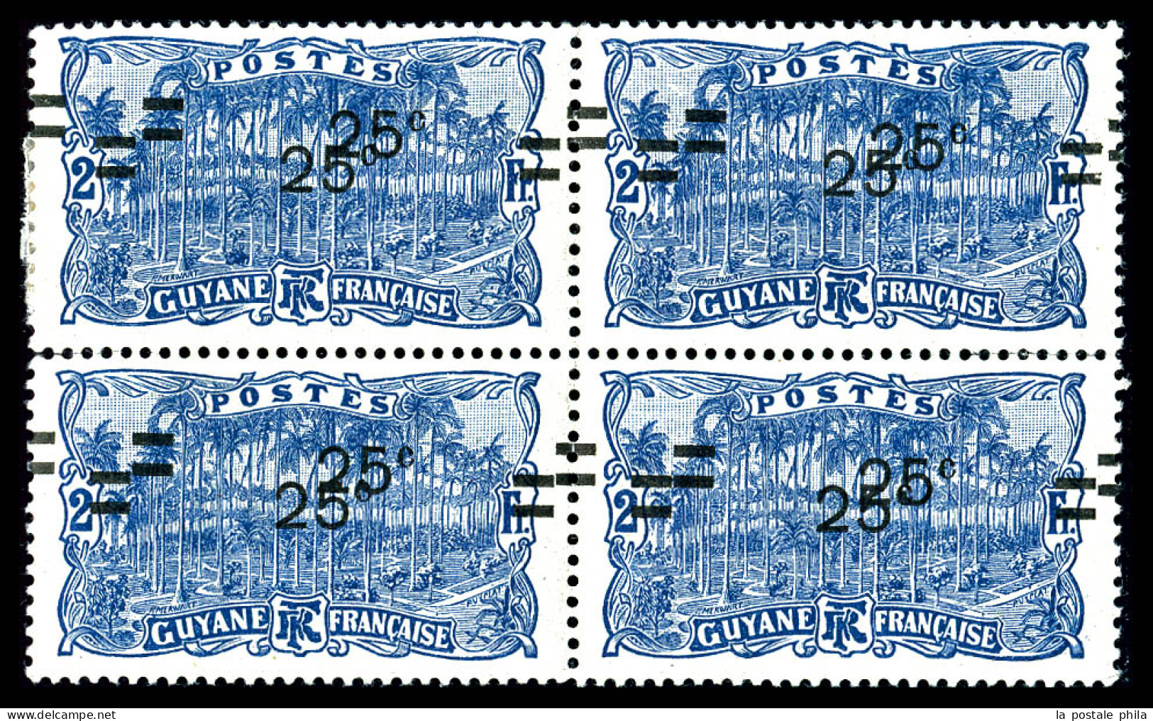 N°98a, 25c Sur 2f Bleu, Double Surcharge Sur Bloc De Quatre (1ex*), R.R. SUP (signé/certificat)  Qualité: **  Cote: 882  - Unused Stamps