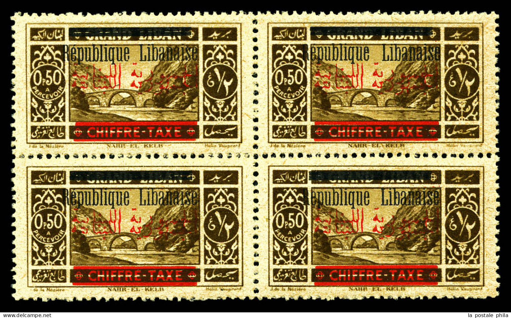 N°21aa, 0 Pi 50 Brun S Jaune: Double Surcharge Arabe Avec Barres Rouge En Bas En Bloc De Quatre. SUP (certificat)  Quali - Timbres-taxe