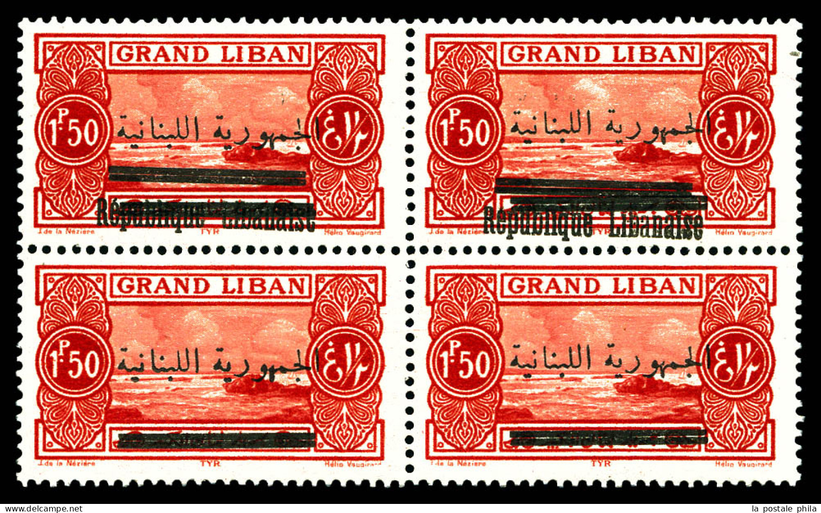 N°101, 1 Pi 50 Rouge: 2 Exemplaires Surcharges Déplacées Tenant à Exemplaires Sans Surcharges REPUBLIQUE LIBANAISE En Bl - Unused Stamps