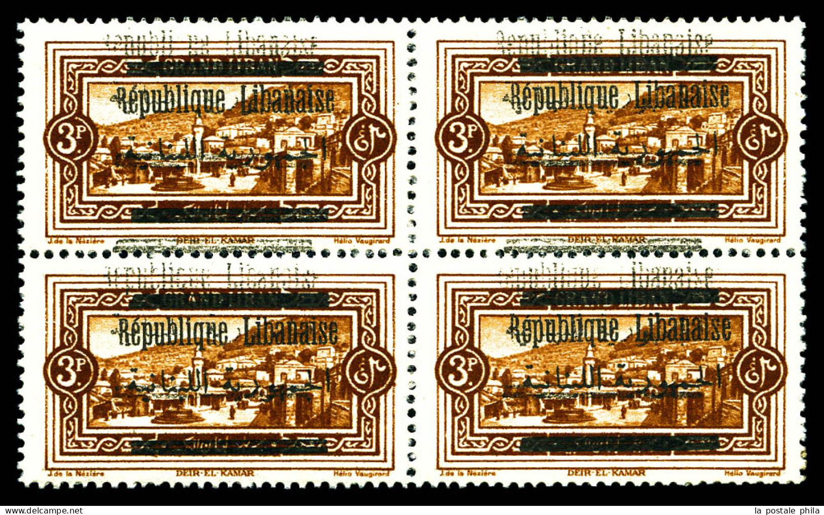 N°103, 3 Pi Brun: Double Surcharge En Bloc De Quatre. TB  Qualité: *  Cote: 320 Euros - Unused Stamps