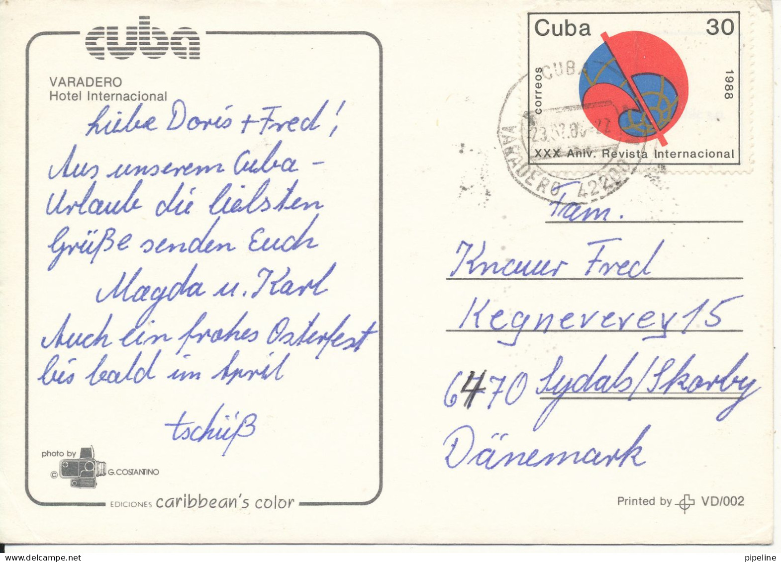 Cuba Postcard Sent To Denmmark 1988 Hotel Internacional - Kuba