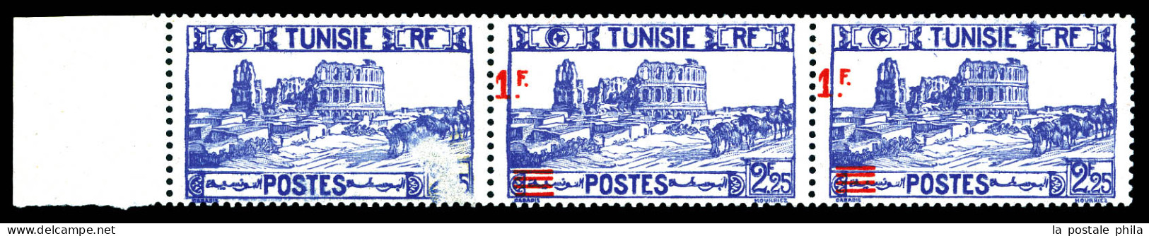 N°226e, 1f Sur 2f 25 Outremer: 2 Exemplaires Surcharges Déplacées à Gauche Tenant à Exemplaires Sans Surcharge En Bande  - Unused Stamps