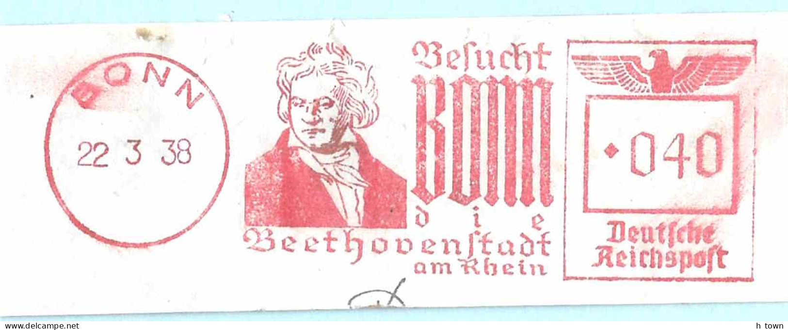 414  Ludwig Van Beethoven: Ema D'Allemagne, 1938 - Beethoven Meter Stamp From Bonn, Germany - Musica